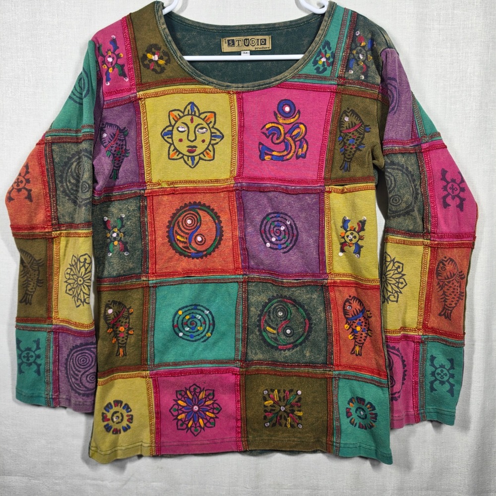 VTG Art Studio Produce Patchwork Top Womens M Boho Nepal Long Sleeve Whimsygoth
